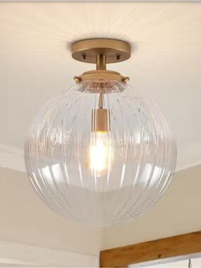 NIB 1-Light Brushed Gold Semi-Flush Mount Ceiling Light Clear Ribbed Glass Shade